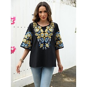 Women's Shirt 100% Cotton Casual Boho Solid Color Floral Embroidered Elbow Sleeve 3/4 Length Sleeve Regular Tops Crew Neck Vacation Party Daily Black Autumn /