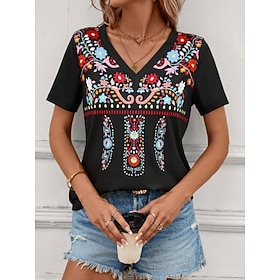 Women's T Shirt Stylish Casual Print Short Sleeve Regular Tops V Neck Daily Black Summer