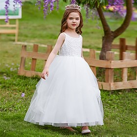 Flower Girl Dress Kid's Girls' Princess Dress Performance Wedding Party Elegant Beautiful Mesh Solid Color Sleeveless Crew Neck White Pink 4 years