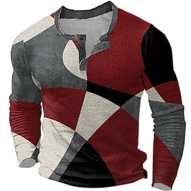 Men's Graphic Geometric Color Block Waffle Henley Shirt Casual Style Classic Style Long Sleeve Fashion Designer Basic Daily Outdoor Spring Fall Blue Burgundy
