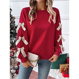 Women's Sweatshirt Casual Plain Christmas Street Dailywear Crew Neck Patchwork Long Sleeve Red Fall Winter