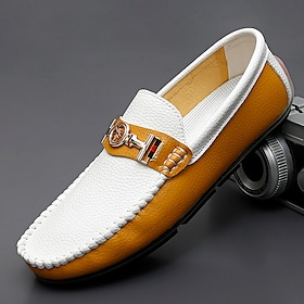 Men's White and Yellow Faux Leather  Loafers with Gold Buckle  Stylish Casual Slip-On Shoes for Driving, Parties, and Daily Wear