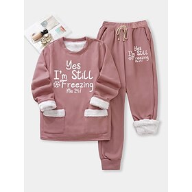 Women's Pajamas Set Fleece Lined 2 Sweatshirt Tracksuits Pieces Sweatsuits Top and Pant Letter Warm Comfort Soft Home Daily Bed Warm Breathable Crew Neck Pullo