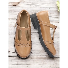 Women's Tan Faux Leather T-Strap Mary Jane Shoes with Brogue Detailing, Rugged Sole for Comfortable Daily Wear and Vintage Style Outfits