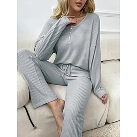 Women's Pajamas Loungewear 2 Pieces Casual Pure Color Patchwork Buttons T Shirt Pant Home Long Sleeve U Neck Black Pink Light Grey Spring Fall Winter Tailored