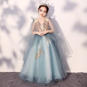 Flower Girl Dress Kid's Girls' Princess Dress Performance Wedding Party Elegant Beautiful Sequins Mesh Solid Color Sleeveless Crew Neck Blue 4 years