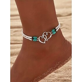 Bohemian Double Heart Beaded Anklet for Women, Handmade Beach Jewelry with Turquoise and White Beads, Perfect for Summer, Vacations and Gifts