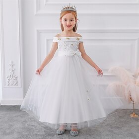 Flower Girl Dress Kid's Girls' Princess Dress Performance Wedding Party Elegant Beautiful Mesh Solid Color Sleeveless Off Shoulder White Champagne 4 years