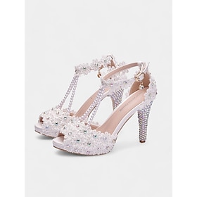White Floral Lace Pearl-Decorated T-Strap Bridal Sandals - Elegant Women's Wedding Shoes