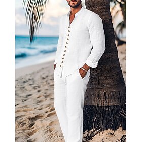 Men's Guayabera Shirt 2 Piece Shirt Set Matching Sets Casual Shirt Plain Vacation Going out White Black Light Blue Long Sleeve Standing Collar Spring  Summer C