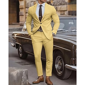 Men's Graduation Blazer Set Business Cocktail Party Wedding Party Fashion Casual Spring   Fall Polyester Plain Pocket 2 Piece Comfortable Single Breasted Blaze