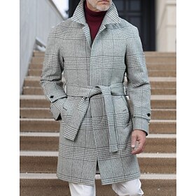 Men's Overcoat Trench Coat Long Trench Coat Vacation Daily Fall Winter Polyester Thermal Warm Windproof Outerwear Clothing Apparel Fashion Classic Plaid Pocke