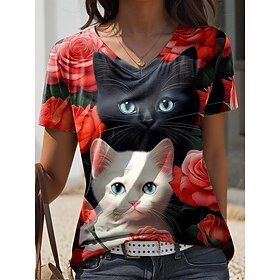 Women's T Shirt Casual Print Short Sleeve Regular Tops V Neck Daily Red Summer