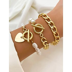 Gold Chain Bracelet Set with Heart Pendant and Faux Pearl Accents  Elegant Jewelry for Women, Perfect for Parties, Weddings, and Everyday Wear