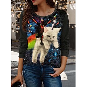 Women's T Shirt Casual Cat Regular Tops Long Sleeve Crew Neck Print Regular Fit Daily Black Spring Fall