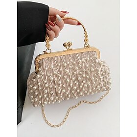 Vintage Pearl Beaded Clutch Bag  Elegant Women's Evening Handbag with Gold Frame and Chain Strap for Weddings, Parties and Formal Events Black White Khaki