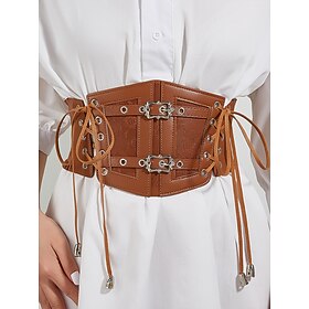 Brown Faux Leather Corset Belt for Women – Adjustable Lace-Up Waist Cincher with Vintage Buckle Design, Perfect for Dresses and Casual Outfits