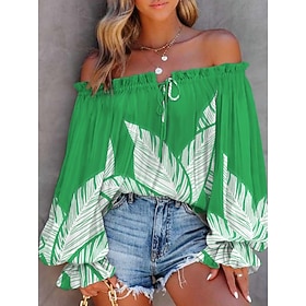 Women's Shirt Blouse Print Backless Floral Stylish Casual Long Sleeve Off Shoulder Regular Tops Daily Blue Royal Blue Fuchsia Green Summer Spring