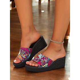 Women's Colorful Slip-On Wedge Sandals with Ethnic Print – Comfortable Platform Design for Summer, Beach and Casual Wear