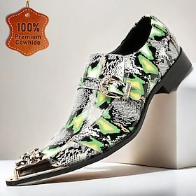 Men's Green Snake Print Leather Slip-On Loafers with Metal Buckle and Decorative Toe Cap - Premium Cowhide Exotic Style Dress Shoes for Parties and Formal Even