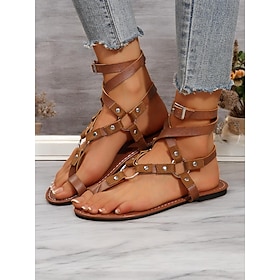Women's Bohemian Gladiator Sandals  Lace-Up Flat Roman Style Strappy Shoes with Studded Details for Summer, Beach  Casual Wear