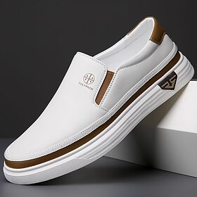 Men's White Slip-On Loafers  Lightweight Faux Leather Shoes with Cushioned Sole for Casual and Everyday Wear