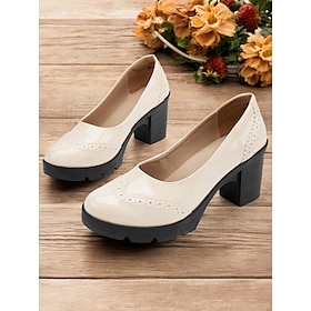 Women's Patent Leather Platform Chunky Heel Pumps with Brogue Detailing, Vintage-Style Dress Shoes for Office, Parties, and Formal Events