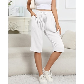 Women's 100% Cotton Capri Pants Shorts Summer Shorts Lightweight Casual Knee Length Mid Rise Plain Drawstring Pocket Breathability Comfortable Inelastic Casua