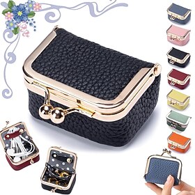 Genuine Leather Mini Jewelry Box, Portable Vintage-inspired Genuine Leather Coin Purse Jewelry Case with Kiss Lock, Mini Travel Ring Box for Women for Earring/