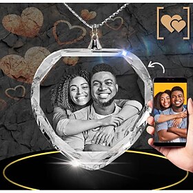 Personalized Crystal Photo Necklace Custom Best Gift for Mom - 2D Picture Laser Engraved Heart Pendant, Wedding Gift Best Gifting Idea Jewelry for Wife or Girl
