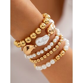 Elegant Gold and Pearl Beaded Bracelet Set  Heart Charm, Stretchable Design, Women's Jewelry for Weddings, Parties and Daily Wear