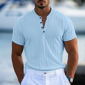 Men's Henley Shirt Short Sleeve Shirt Ribbed Knit tee Tee Top Short Sleeve Solid Color Daily Hawaiian Buttons Henley Outdoor Street Causal Summer Light Blue Wh