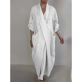 Women's Maxi Dress Faux Cotton Linen Kaftan Dress Stylish Basic Casual Daily Vacation Regular Fit Plain Long Sleeve V Neck Blue White Spring Fall