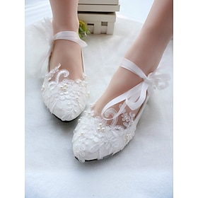 White Lace Bridal Flats with Ribbon Ties - Elegant Wedding Shoes for Women Featuring Floral Embroidery