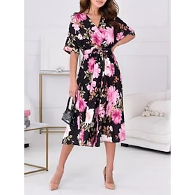 Women's Normal Jumpsuit Active Floral Half Sleeve V Neck High Waist Vacation Daily Regular Fit Black Summer