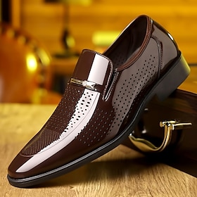 Men's White Slip-On Loafers  Perforated Faux Leather Breathable Dress Shoes with Metal Decoration for Business and Formal Occasions