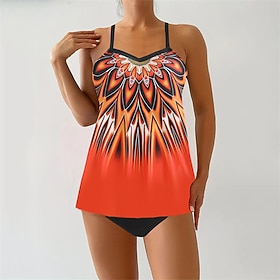 Women's Tankini Two Piece Swimsuit V Neck Racerback Swimwear Swimwear Orange Green Breathable Quick Dry Lightweight Sleeveless - Swimming Surfing Beach Summer