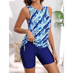 Women's Swimwear Bikini 2 Piece Boy Leg Swimsuit Backless Slim Vacation Beach Wear Floral U Neck Sleeveless Bathing Suits