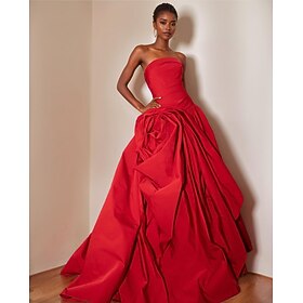 Ball Gown A-Line Drop Waist Evening Gown Celebrity Style FLoral Dress Carnival Formal Watteau Train Sleeveless Strapless Satin with Ruched Ruffles