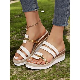 Women's White Platform Wedge Sandals with Gold Strap Accents, Casual Slip-On Style for Summer Outings and Beachwear