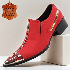 Men's Red Suede Slip-On Shoes with Metal Toe Cap and Fashion Strap - Elegant Western Style for Formal Events and Parties