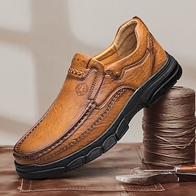 Men's Brown Faux Leather Slip-On Loafers with Hand-Stitched Detailing - Casual Comfortable Shoes for Daily Wear and Outdoor Activities