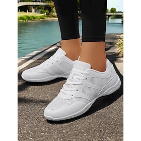 Women's White Mesh Lace-Up Athletic Sneakers  Lightweight and Comfortable Dancing Shoes