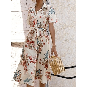 Women's Midi Dress Casual Dress Elegant Stylish Casual Vacation Daily Regular Fit Floral Short Sleeve Shirt Collar Apricot Light Blue Summer Spring