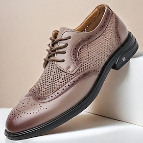 Men's Knit Mesh and Faux Leather Oxford Shoes - Lace-Up Design, Perforated Knit Fabric and Faux Leather Upper, Comfortable Fit for Casual or Business Wear