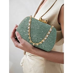 Women's Green Sage Glitter Evening Clutch with Rhinestone Chain  Elegant Handbag for Weddings, Parties and Formal Events Color Silver Black Pink