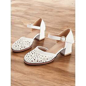 Women's White Mary Jane Low Heel Shoes - Laser Cut Floral Design, Vintage Style for Casual and Formal Occasions