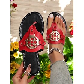 Red Flat Slide Sandals for Women  Stylish Open Toe Design with Metallic Buckle Detail  Comfortable Summer Shoes for Beach, Vacation, and Casual Wear