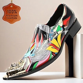 Men's Premium Cowhide Leather Loafers with Gold Tip Vibrant Artistic Print and Metallic Gold Lion Head DetailFashionable Slip-On Shoes for Special Occasions a