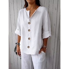 Per donna Camicia Camicie di cotone e lino Abbottonare Blusa Bottoni Tinta unica Essenziale Casual Manica 3/4 Scollo a V Top Regolari Quotidiano Nero 
